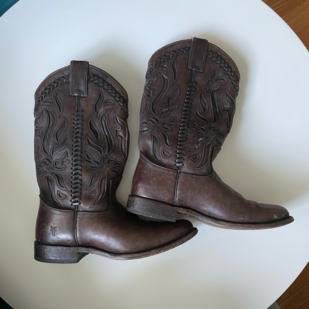 Frye Cognac Wyatt Overlay Cowboy Boots